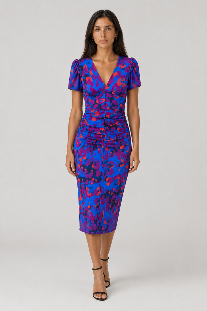 Purple, orange & green abstract print midi dress with puff sleeves & gathered waist for women.