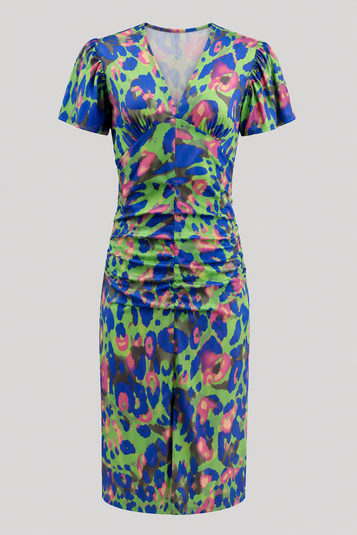 Chic women's midi dress with puff sleeves, gathered waist, and a bold purple, orange, green print.
