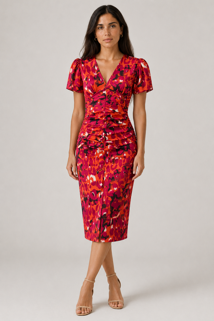 Casual summer midi dress for women, with vibrant abstract print, puff sleeves, & gathered waist.