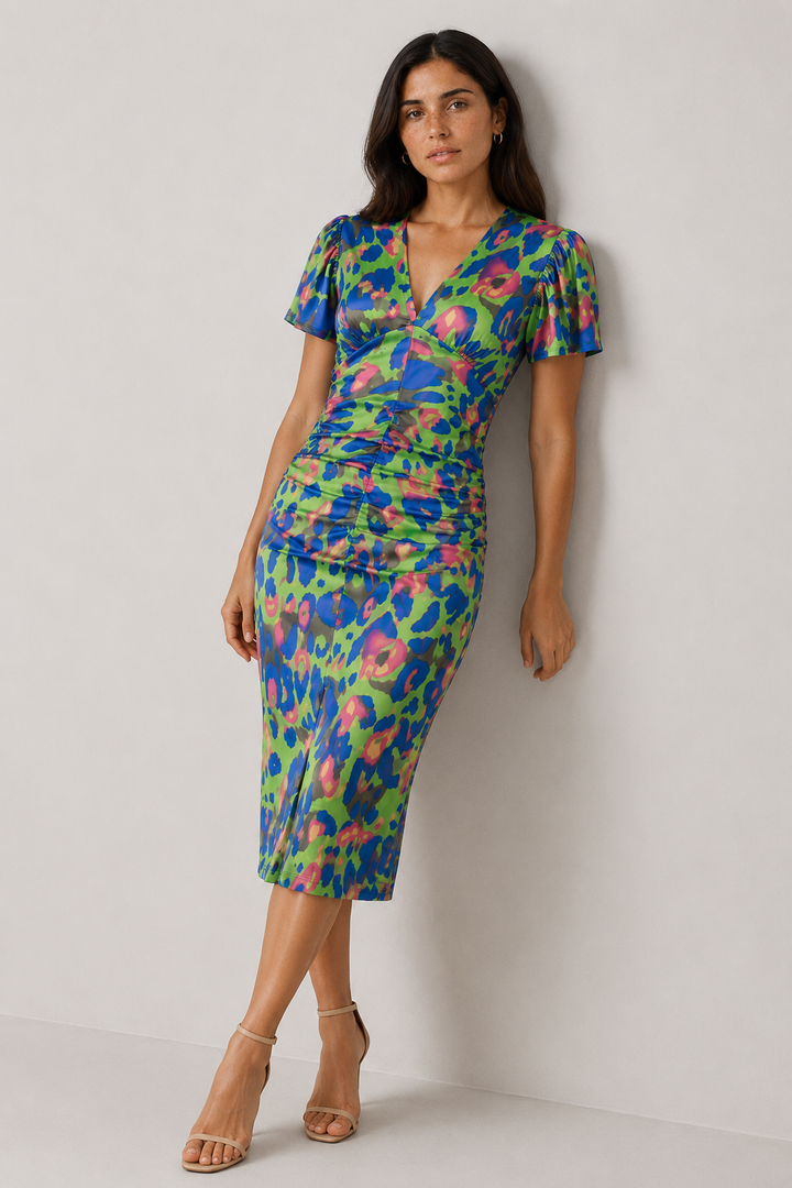 Comfortable women's midi dress, perfect for summer, featuring puff sleeves & a vibrant abstract print.