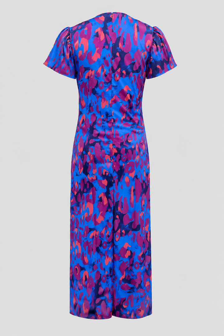 Elegant V-neck midi dress for women in abstract purple, orange, green, with puff sleeves.
