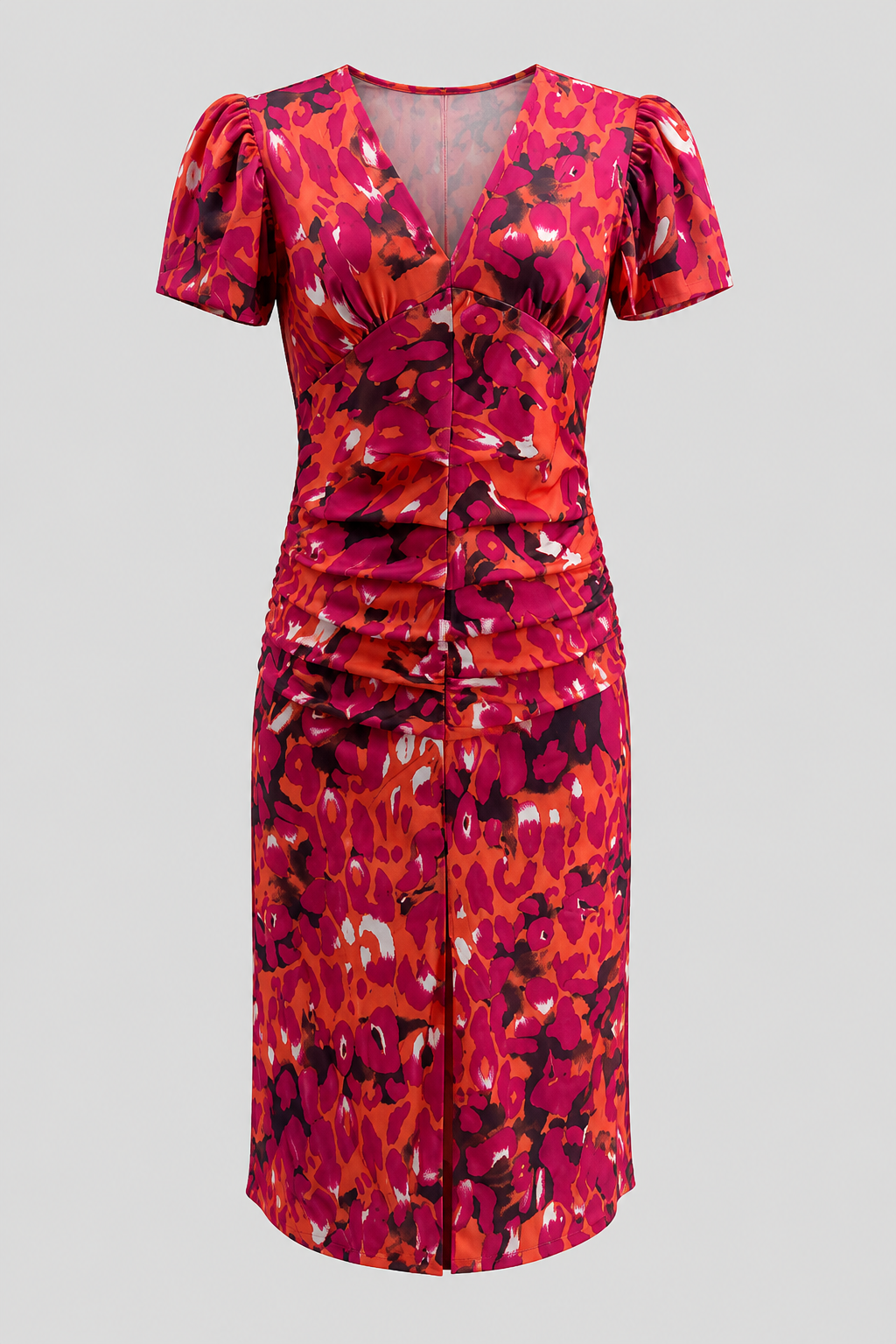 Women's summer midi dress, featuring puff sleeves, gathered waist, and a unique abstract print.