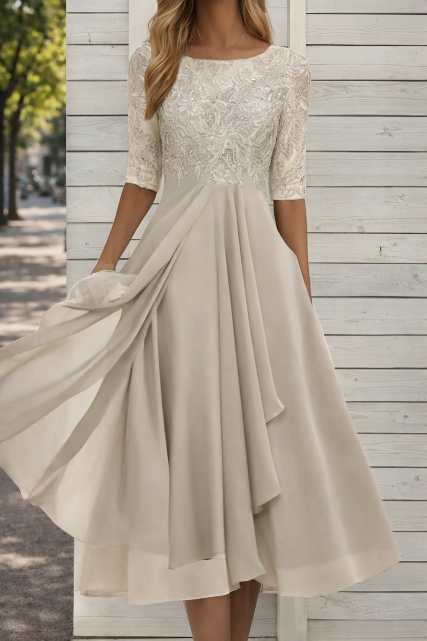 Beige Flared High Waist Midi Dress for women, ideal for comfortable summer wear & versatile everyday fashion.