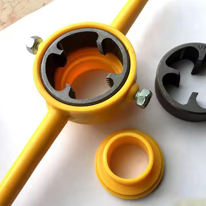Close-up of PVC pipe threader tool, showing sharp, precise threading dies for plumbing
