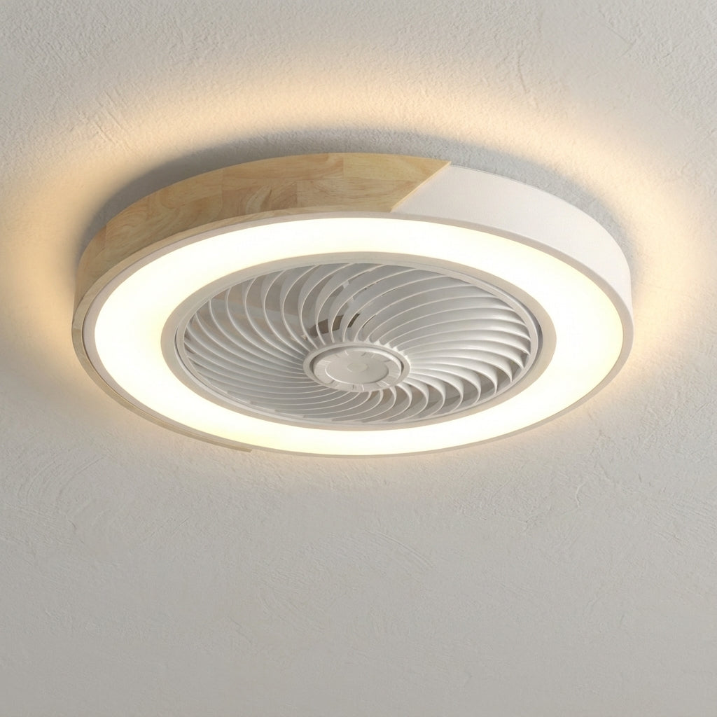 Modern LED ceiling fan fixture, quiet operation, integrated dimmable light, and remote control.