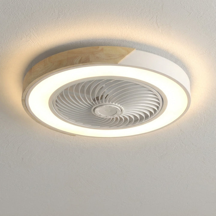 Modern LED ceiling fan fixture, quiet operation, integrated dimmable light, and remote control.