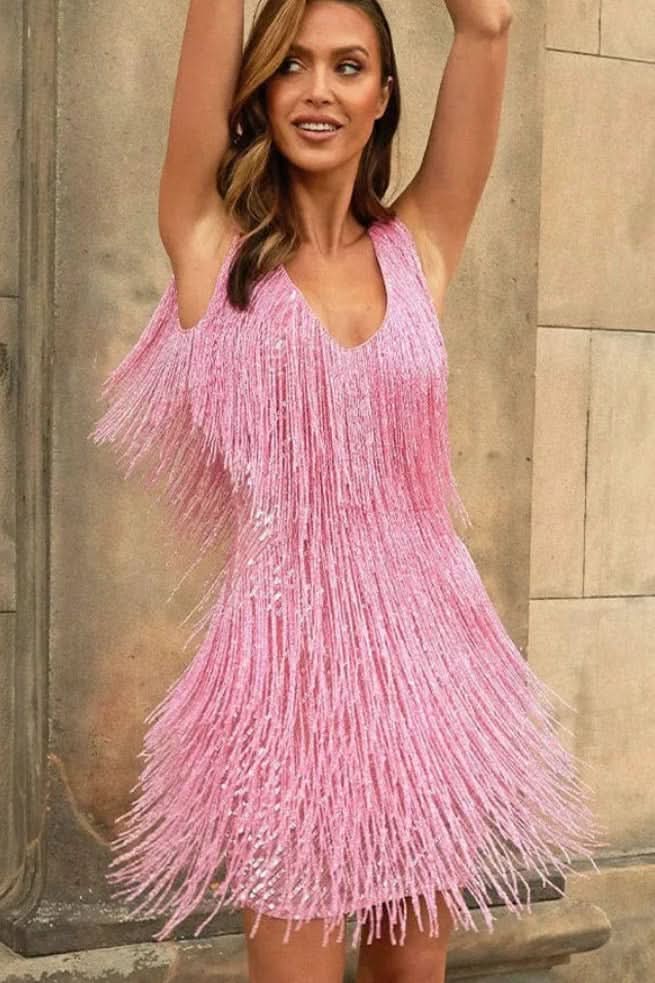 Women's A-line fringe cocktail dress with sparkling details. Ideal for evening parties & celebrations.