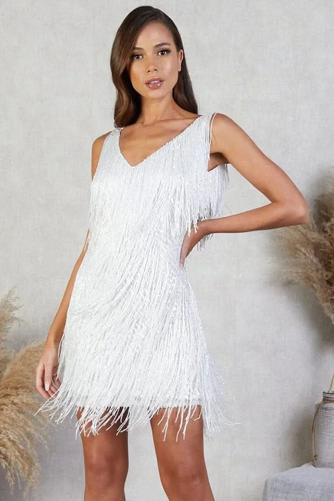 Fashionable women's A-line fringe mini dress. Adds glamour & sparkle to evening parties & celebrations.