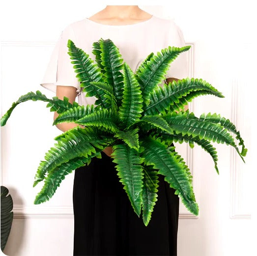 Vibrant artificial Boston fern, UV protected for outdoor & indoor decor. Enjoy evergreen beauty without maintenance.