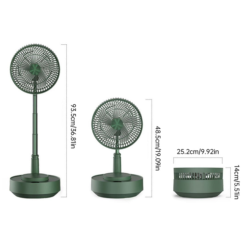 Rechargeable folding telescopic table fan, compact for personal cooling, ideal summer essential.