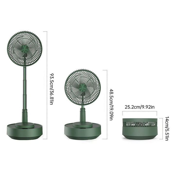 Rechargeable folding telescopic table fan, compact for personal cooling, ideal summer essential.
