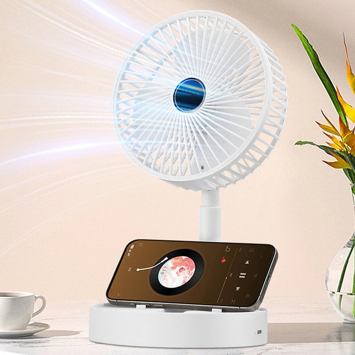 Rechargeable fan, showcasing its long battery life on a bedside table.