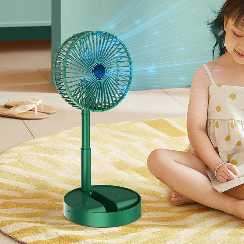 Foldable fan, compact and ready for transport in a travel bag.