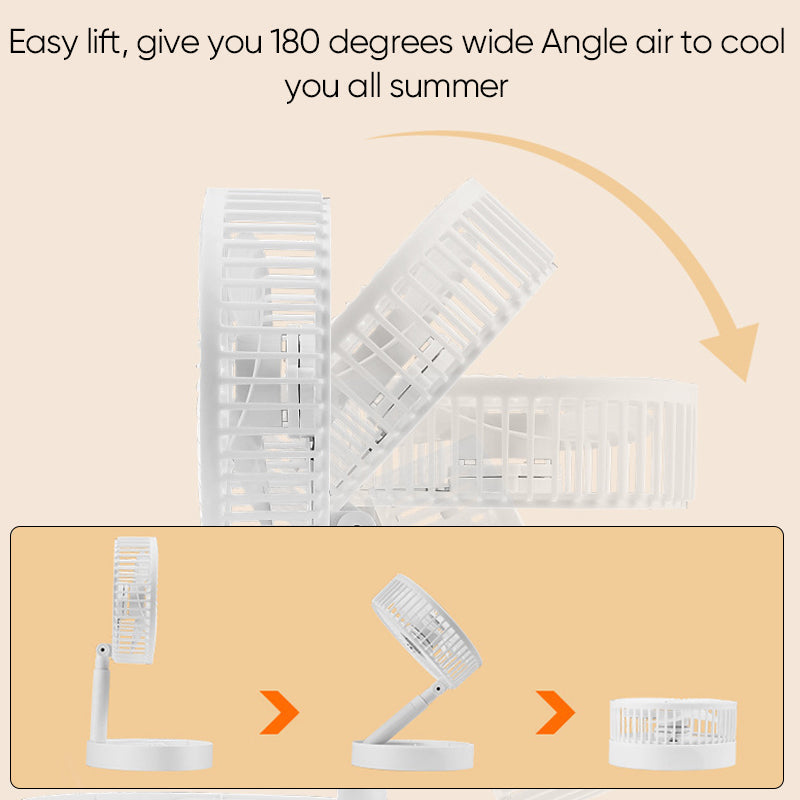 Telescopic, rechargeable fan, extended, cooling a workspace effectively.