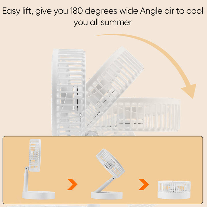 Telescopic, rechargeable fan, extended, cooling a workspace effectively.