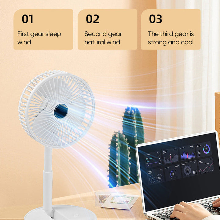 White rechargeable folding telescopic table fan, new in box packaging.