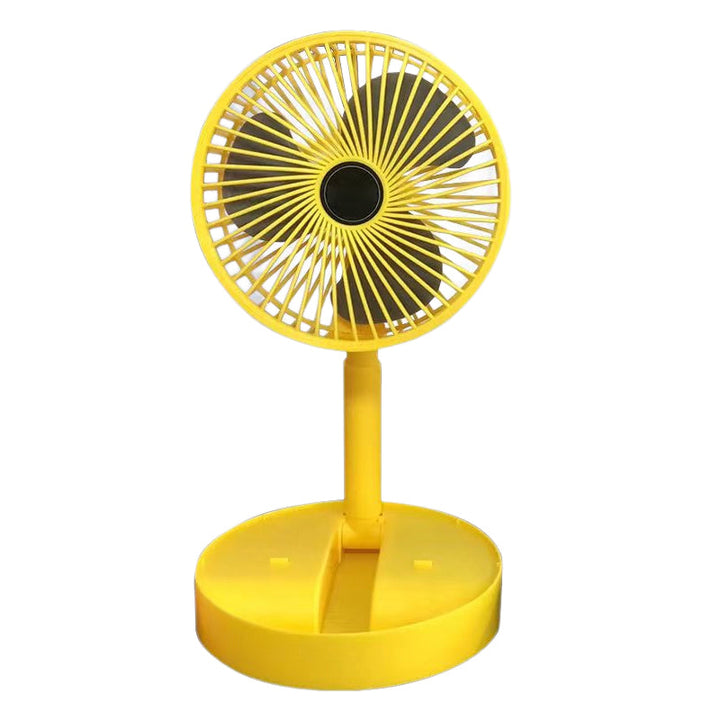 Rechargeable fan, collapsed, next to a smartphone for size comparison, highlighting portability.