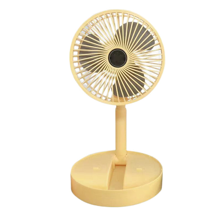 Table fan, rechargeable, with an indicator light for battery status.