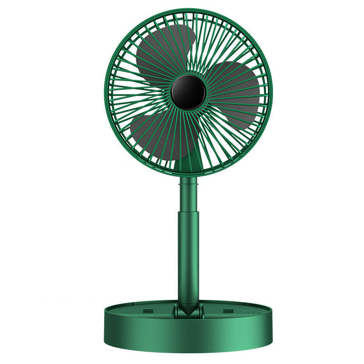 Personal cooling device: a white rechargeable fan on a cluttered desk.