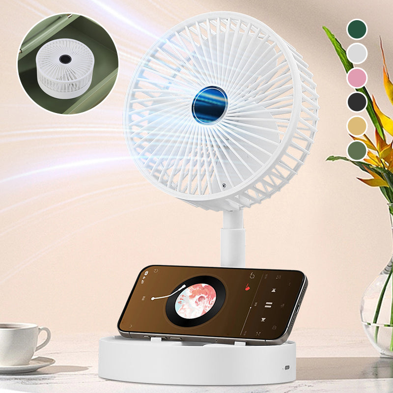 Foldable table fan, extended to full height, providing powerful airflow for household use.