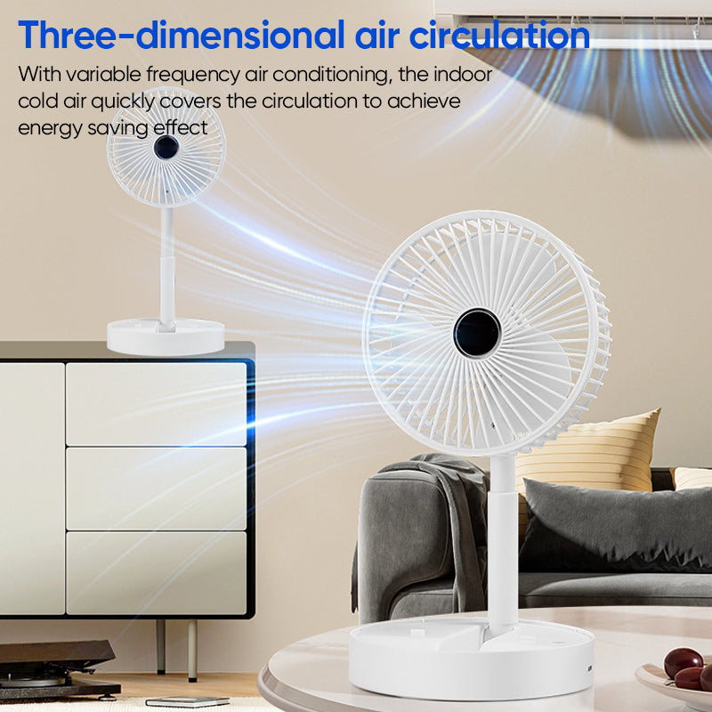 Telescopic fan in use on a wooden table, keeping a user cool during summer.