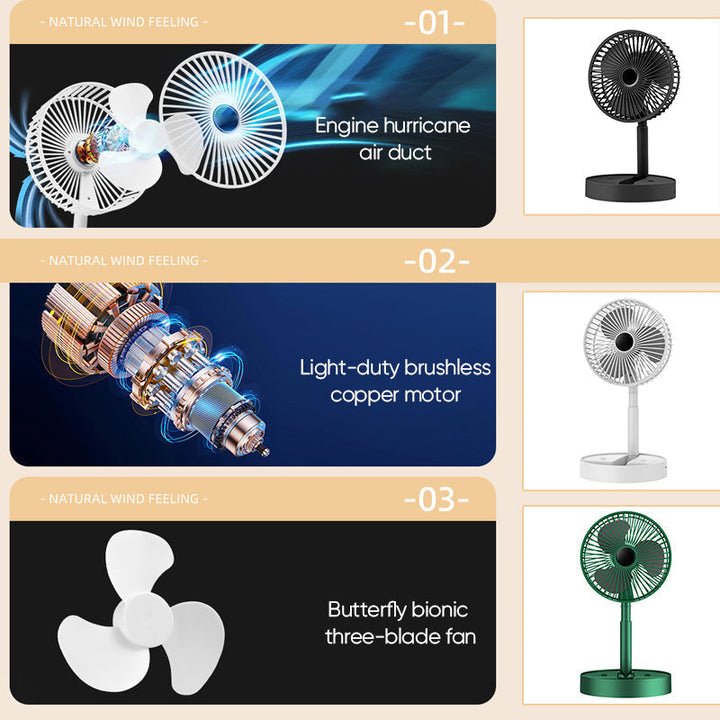 Summer essential: portable telescopic fan, battery-powered for outdoor use.