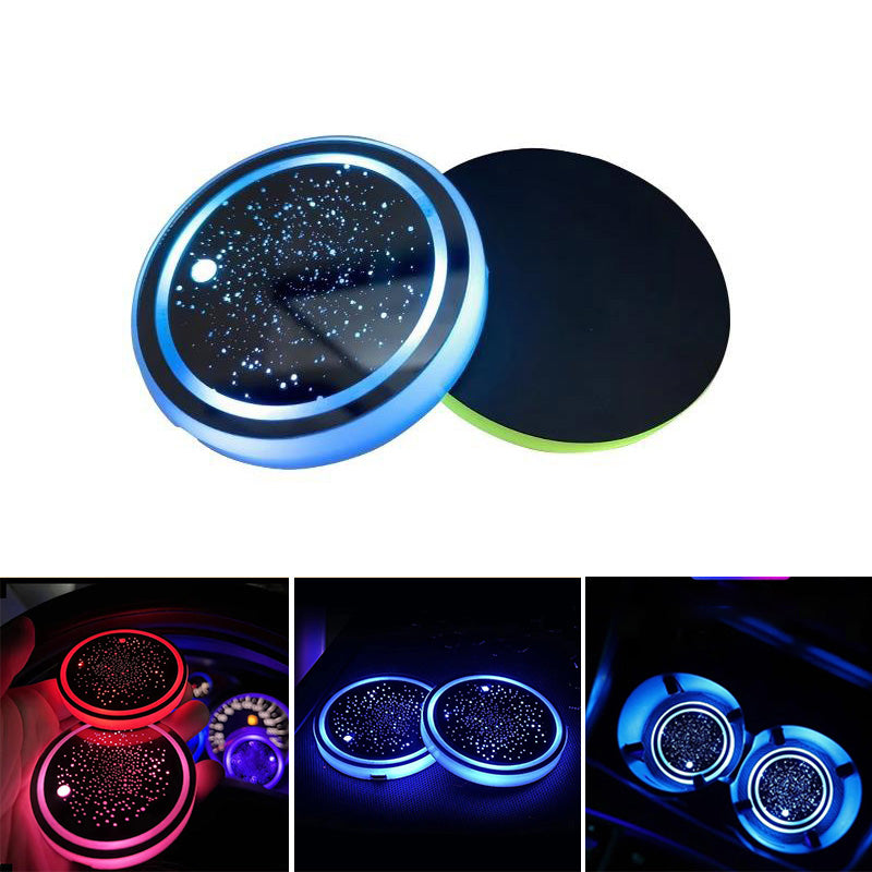 Close-up of LED Car Cup Holder Coaster glowing blue, rechargeable vehicle decor