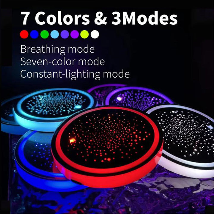 Pair of LED Cup Holder Coasters in car, providing ambient lighting, auto gadget