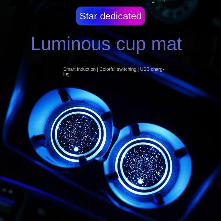 Set of two LED Cup Holder Coasters, packaging visible, car interior lighting