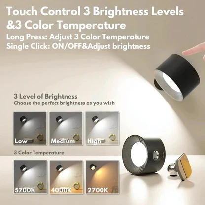 Sleek cordless wall light, 360° magnetic pivot, provides soft ambient lighting.