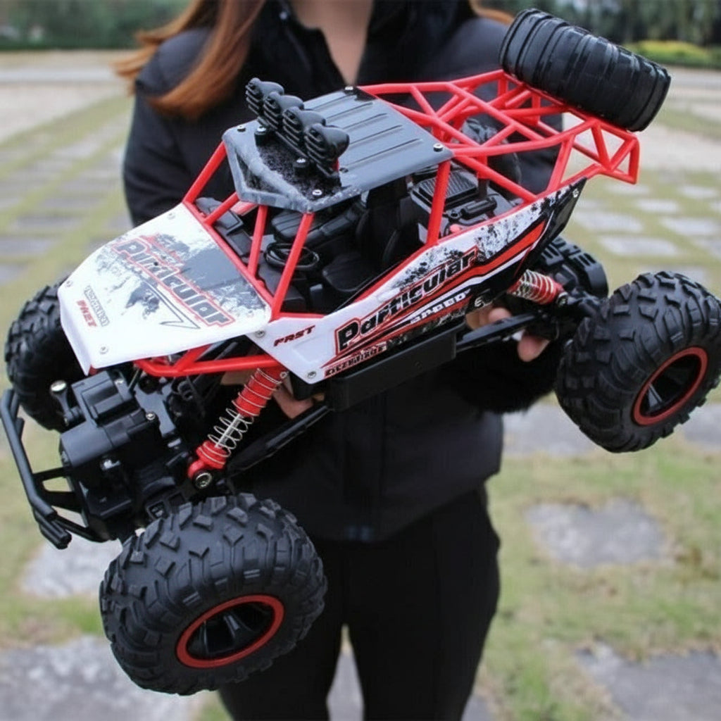 Unisex 4WD all-terrain RC truck speeding through dirt, great outdoor play vehicle & adult hobby gift.