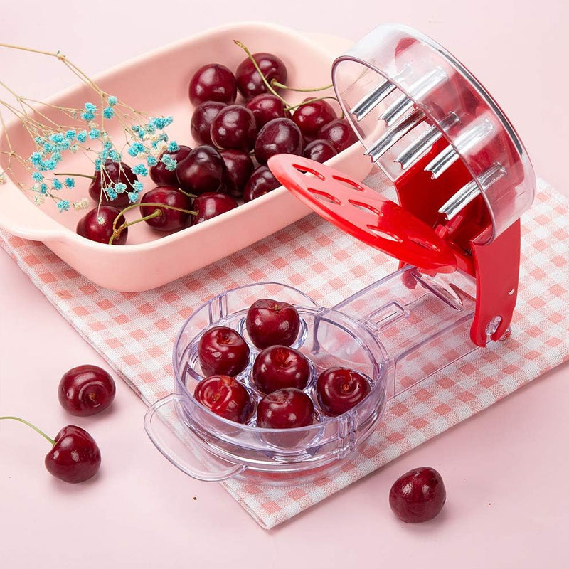 Red cherry pitter tool, 6-cherry capacity for efficient fruit prep in the kitchen.