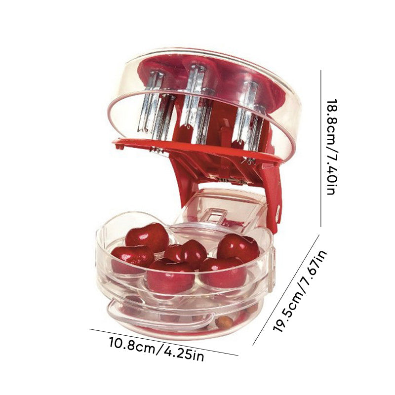 Red kitchen fruit pitter, a robust tool for processing multiple cherries at once.