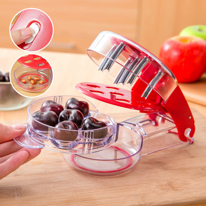 Close-up of a cherry pitter, highlighting its six-fruit capacity and durable design.