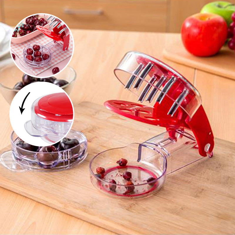 Ergonomic kitchen cherry pitter, designed for easy one-handed operation to remove pits.