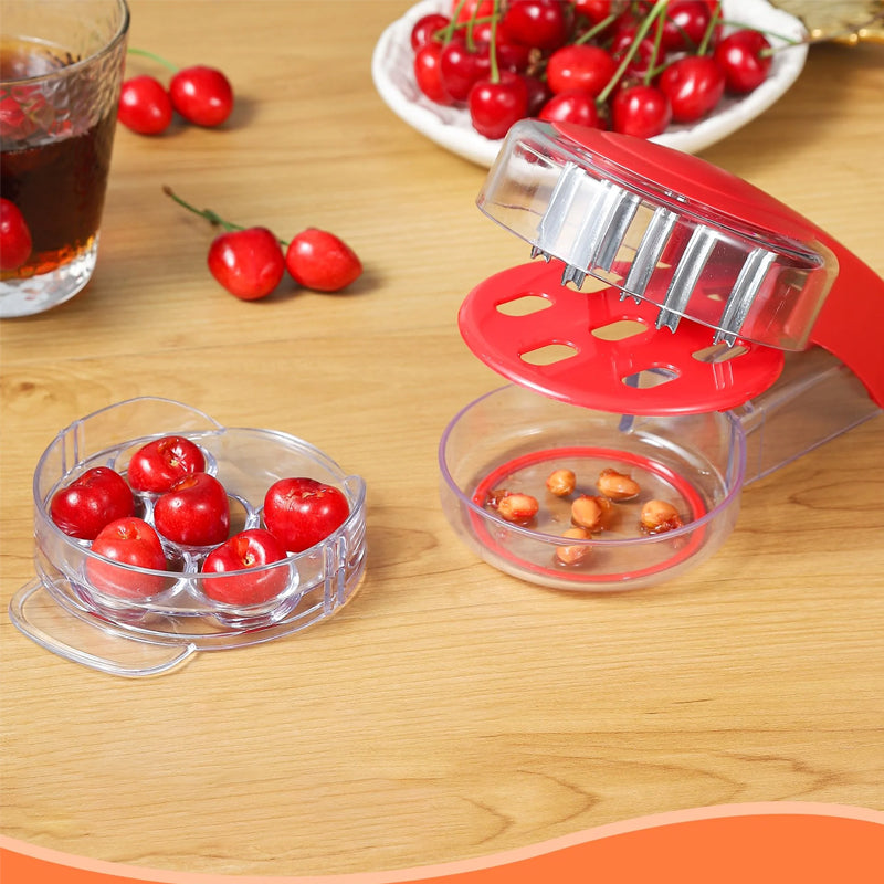 Cherry pitter tool, showing how pits are collected for mess-free kitchen use.