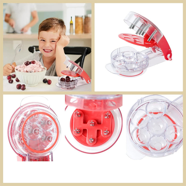 Image of a cherry pitter with a bowl of fresh cherries ready for pitting, kitchen gadget.