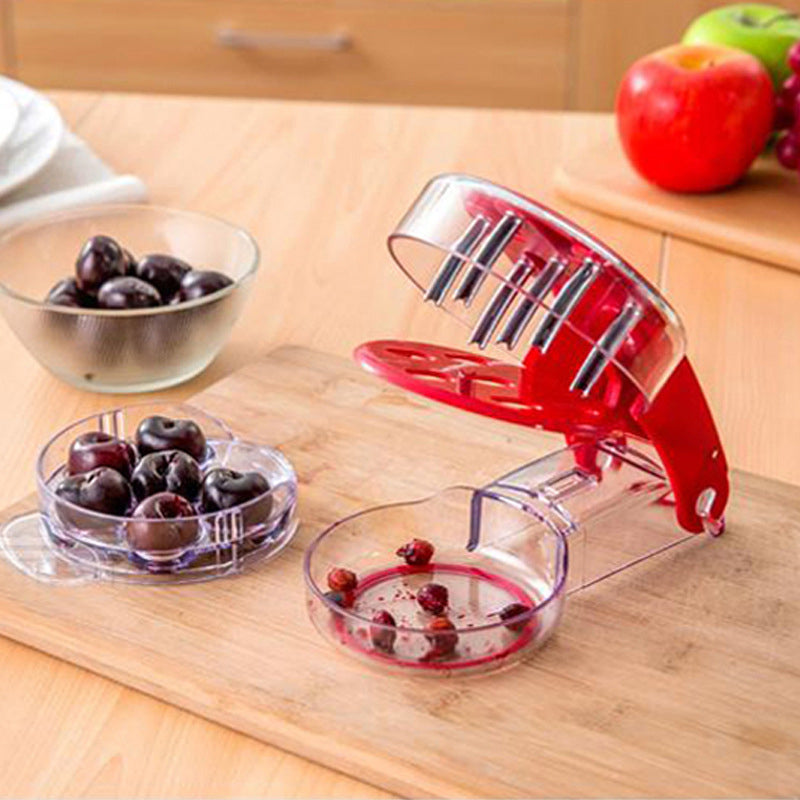 Kitchen gadget: multi-pitter for cherries, enabling simultaneous pit removal from six fruits.
