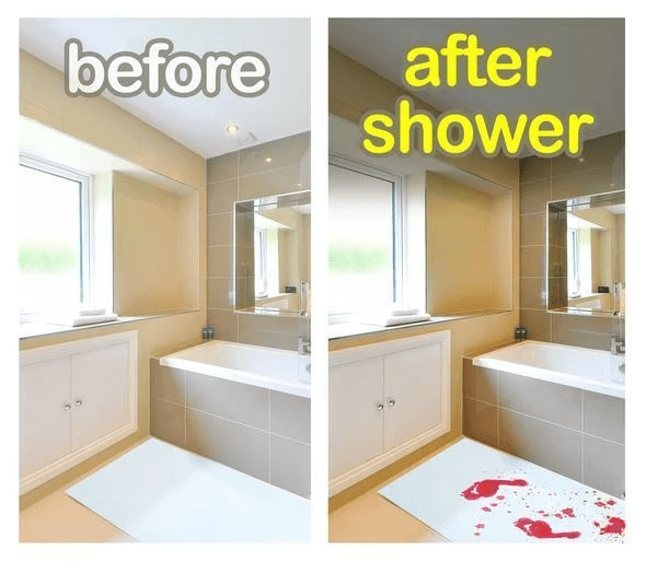 Spooky color changing bath mat, creates bloody foot effect when wet, perfect for Halloween pranks