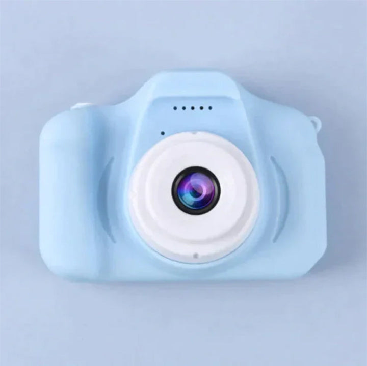 A child wearing a red reusable mini digital camera with a neck strap, promoting hands-free carrying.