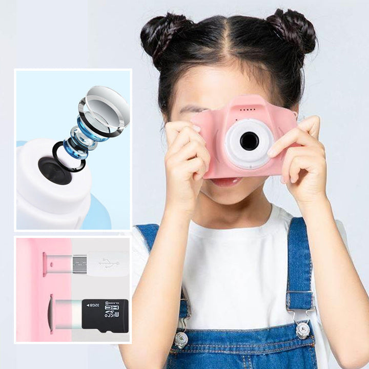 Pink reusable digital camera for children, featuring a compact design and easy-to-use buttons.