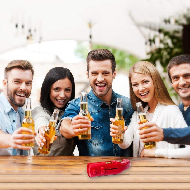 Novelty Cap Launcher Bottle Opener with a launched cap in mid-air, showing its fun feature.