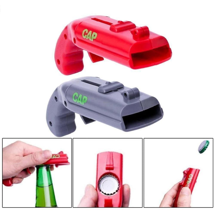 Novelty Cap Launcher Bottle Opener in action, launching a bottle cap for entertainment.