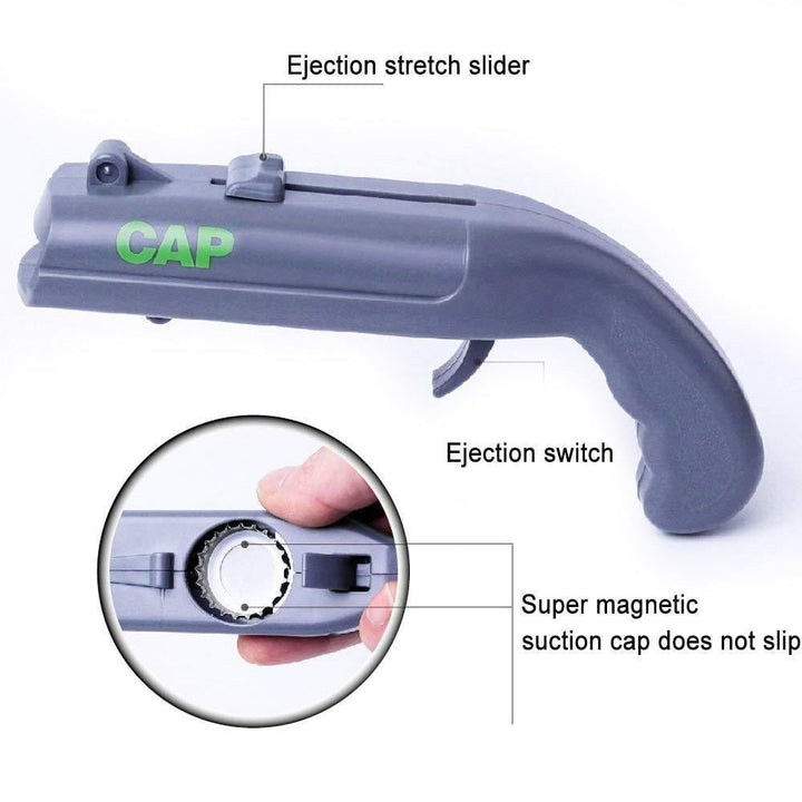 Close-up of a Novelty Cap Launcher Bottle Opener, showing its durable construction and trigger.