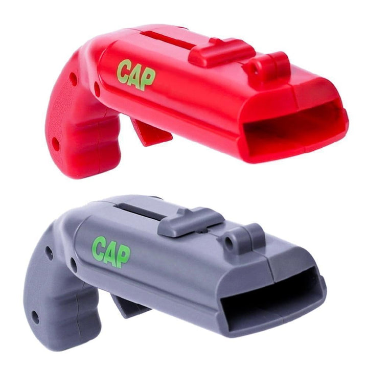 Side view of the Novelty Cap Launcher Bottle Opener highlighting its cap launching mechanism.