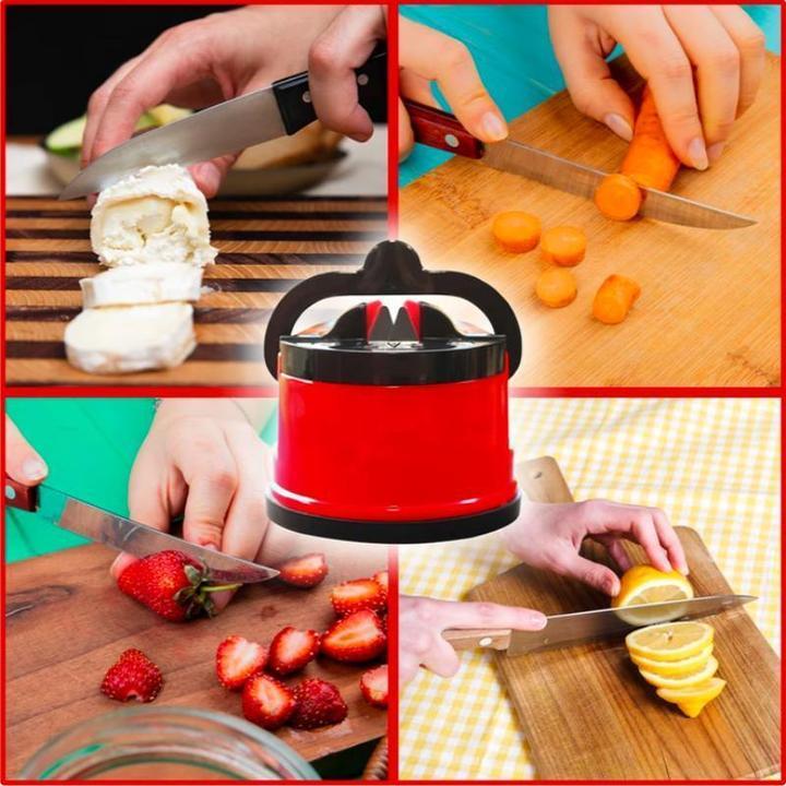 Red portable kitchen knife sharpener with strong suction base, an essential cookware gadget