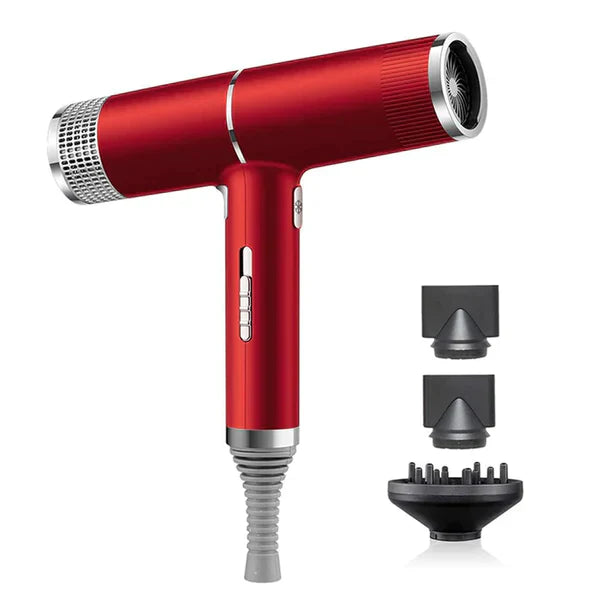 Red professional hair dryer with high-speed motor & anion tech for fast drying & frizz control.