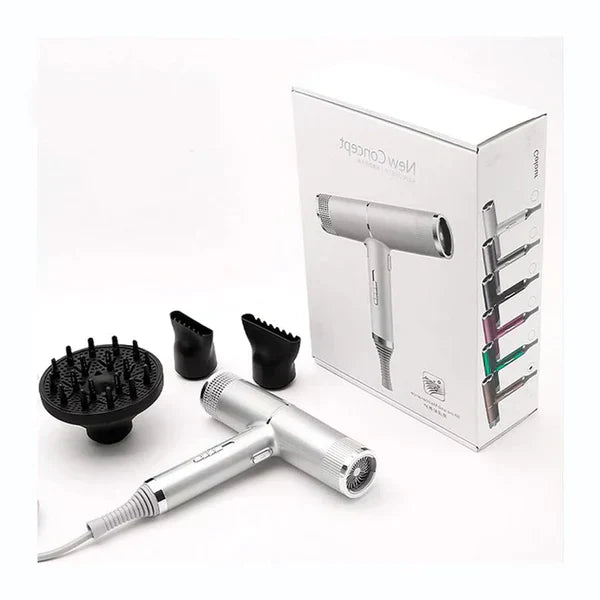 Lightweight gray professional hair dryer with anion tech for shiny, frizz-free hair. High-speed motor.