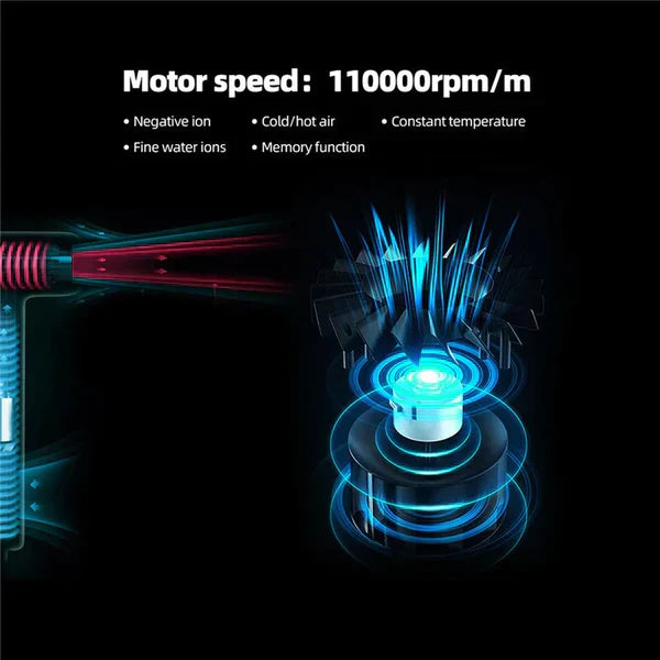 Black professional hair dryer for salon-quality styling at home. Fast drying, frizz control, high speed.
