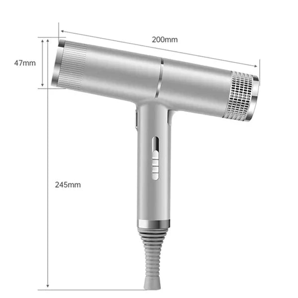 Professional hair dryer with high-speed motor, anion tech, and frizz control. Available in red, gray, black.